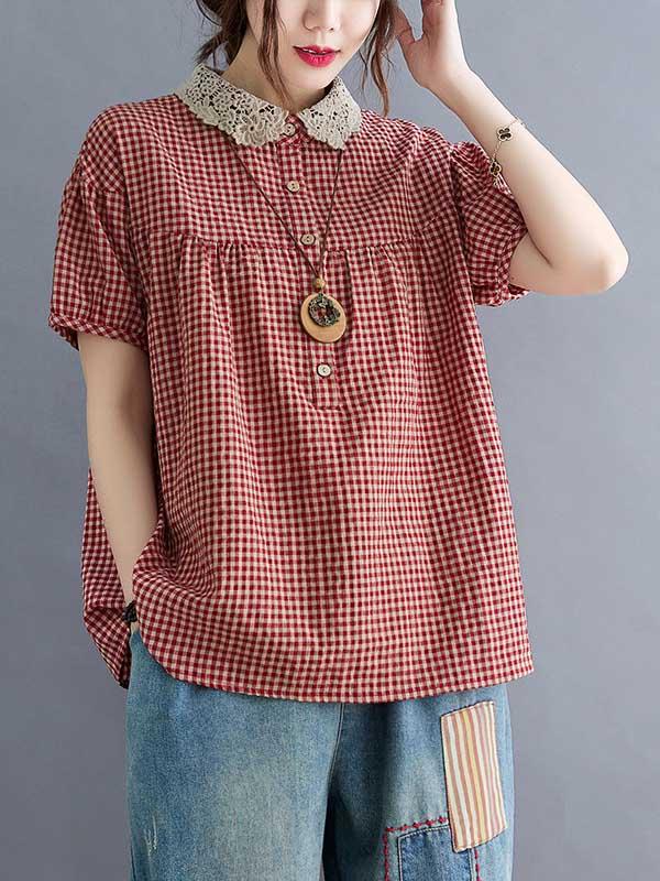 Cotton Blend Plaid Polo Puff Sleeve T-Shirts Tops Product Image