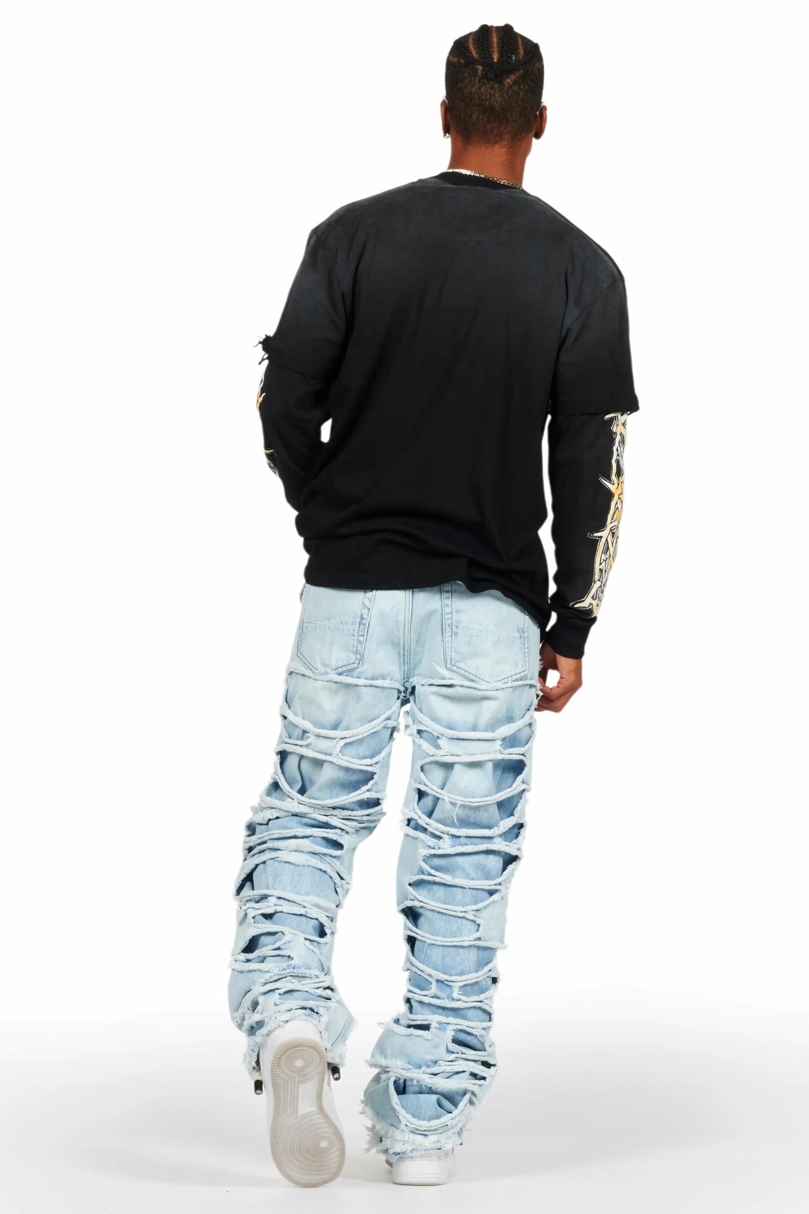 Waller Black Double Layer Long Sleeve Graphic T-Shirt Male Product Image