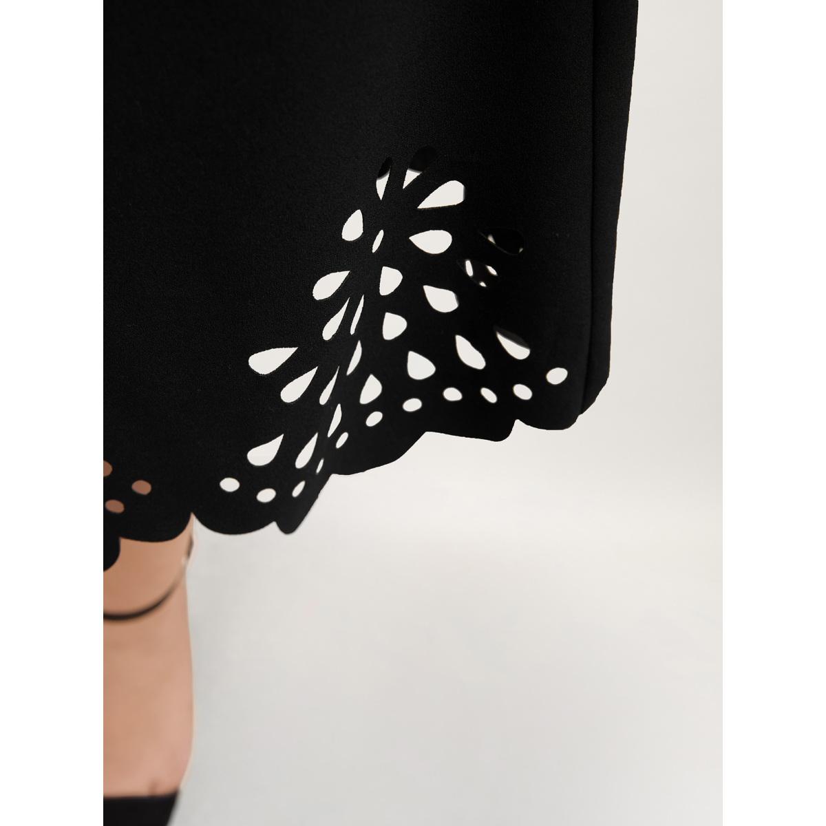 Plus Size Laser Cut-Out Flared Midi Skirt Women Black Elegant Cut-Out Medium stretch Slanted pocket Everyday Skirts BloomChic 26/4X Product Image