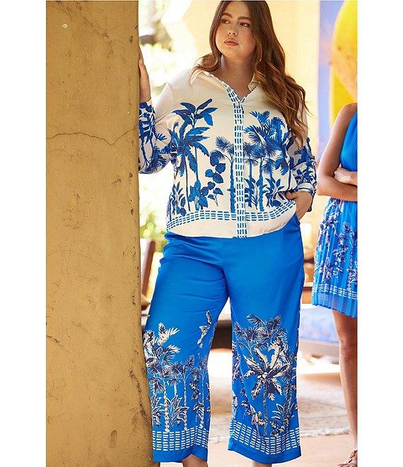 Skies Are Blue Plus Size Border Satin Long Sleeve Woven Coordinating Blouse Product Image