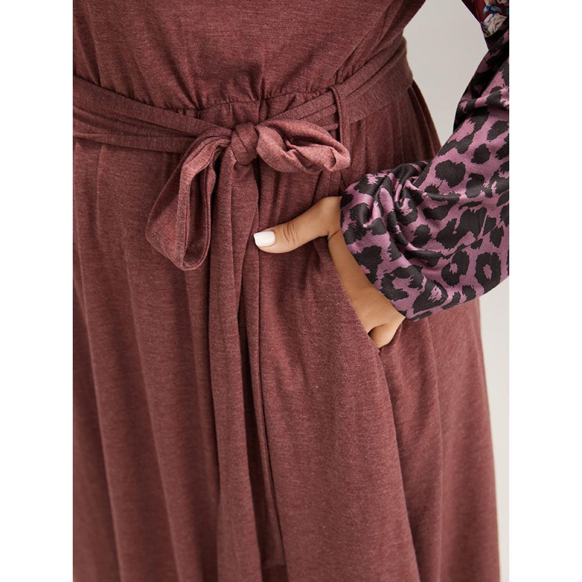 Plus Size Floral Leopard Patchwork Belted Lantern Sleeve Dress DustyPink Women Casual Belted Round Neck Long Sleeve Curvy Midi Dress BloomChic 10/M Product Image