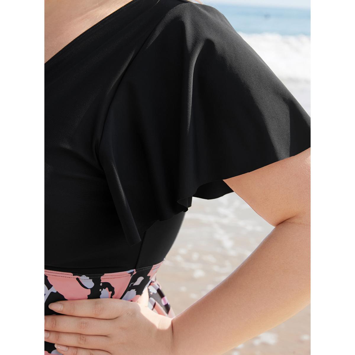Plus Size Floral Patchwork Drawstring Ruffle Sleeve Tankini Top Women's Swimwear Black Vacation Adjustable Straps High stretch Bodycon V-neck Curve Swim Tops BloomChic 22-24/3X Product Image