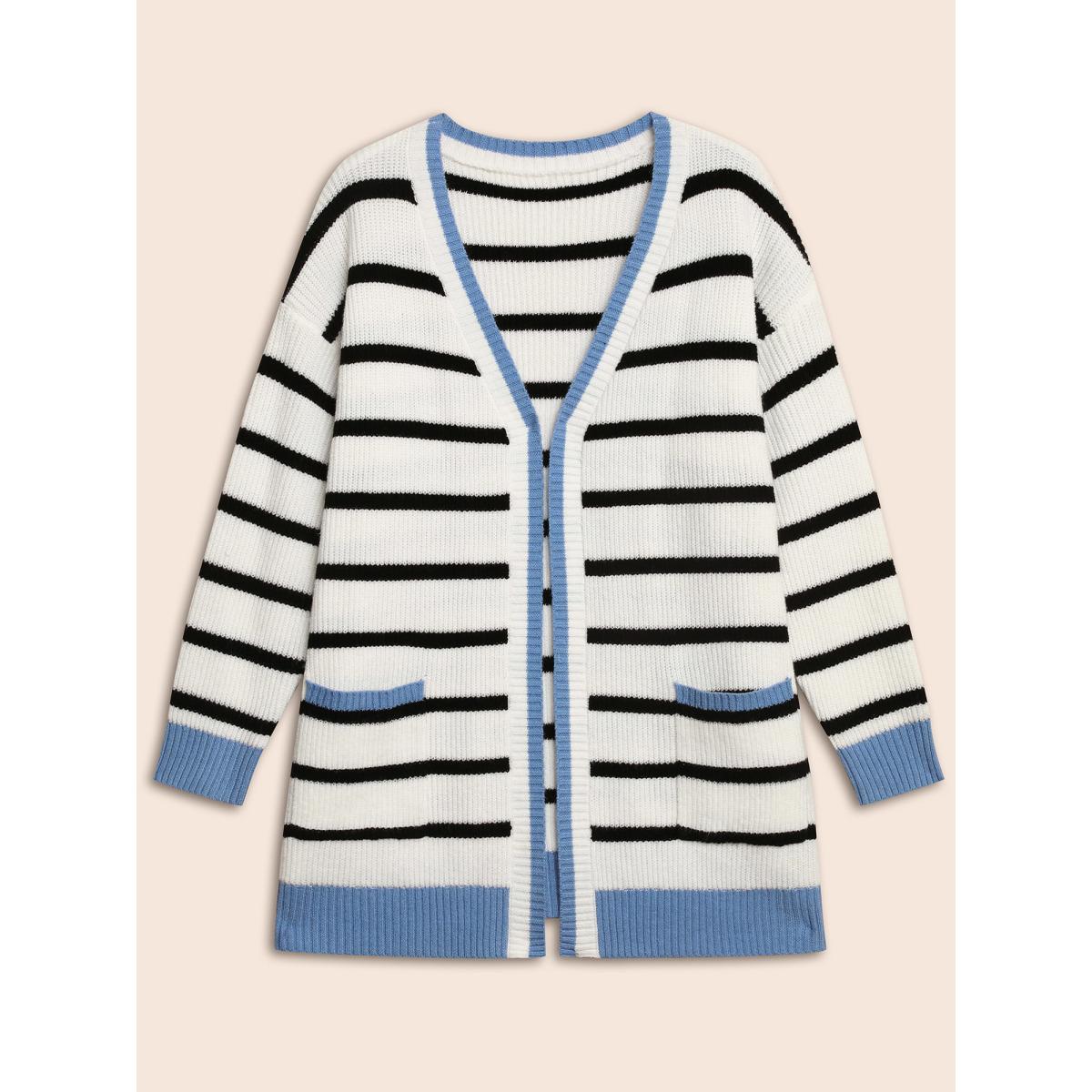 Plus Size Supersoft Essentials Kimono Collar Contrast Striped Cardigan Beige Women Casual Loose Long Sleeve Everyday Cardigans BloomChic 12/L Product Image