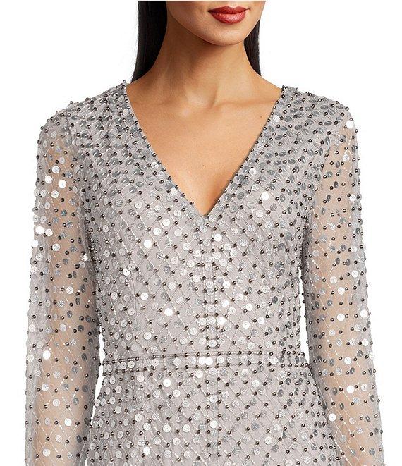 Aidan Mattox Sequined V-Neck Long Illusion Sleeve Front Slit Gown Product Image