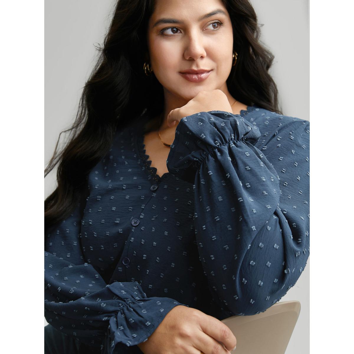 Plus Size Indigo Textured Lace Trim Patchwork Ruffles Blouse Women Timeless Long Sleeve V-neck Elegant Blouses BloomChic 18-20/2X Product Image