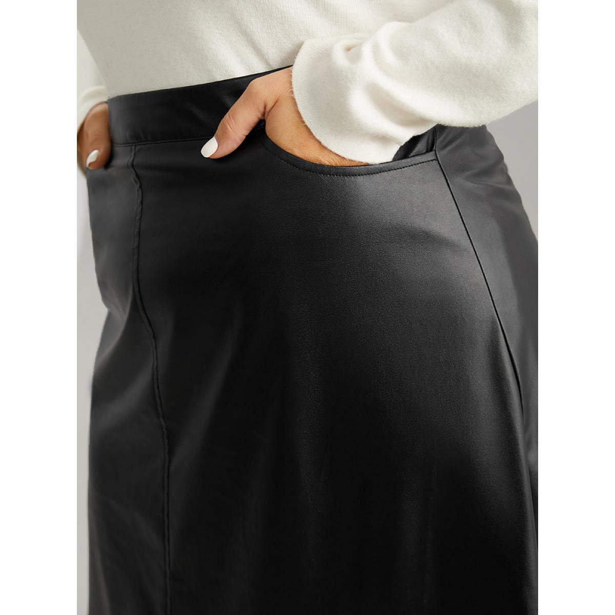 Plus Size PU Leather Pocket Elastic Waist Cropped Skirt Women Black Office Plain No stretch Pocket Office Skirts BloomChic 28/5X Product Image