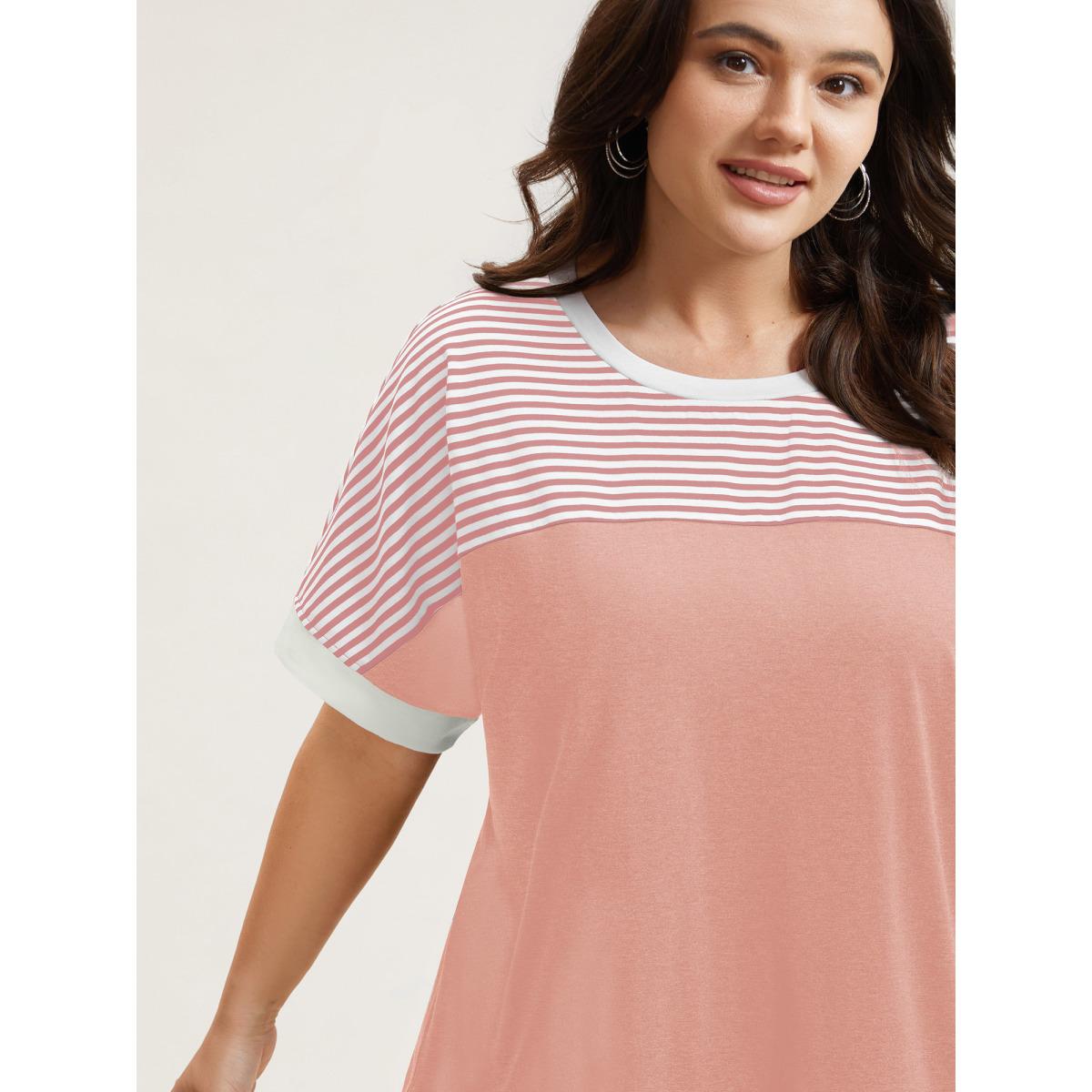 Plus Size Solid and Striped Contrast Hem T-Shirt Nudepink Women Leisure Contrast Round Neck Casual T-shirts BloomChic 18-20/2X Product Image