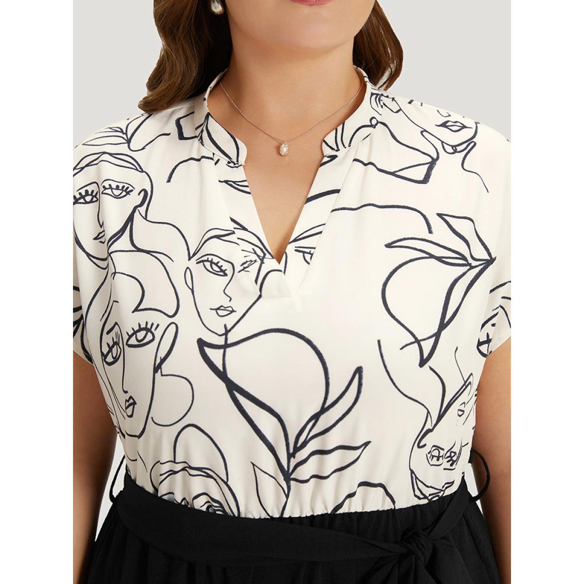 Plus Size Figure Graffiti Notched Patchwork Belted Dress Ivory Women Office Lined Notched collar Short sleeve Curvy Midi Dress BloomChic 12/L Product Image