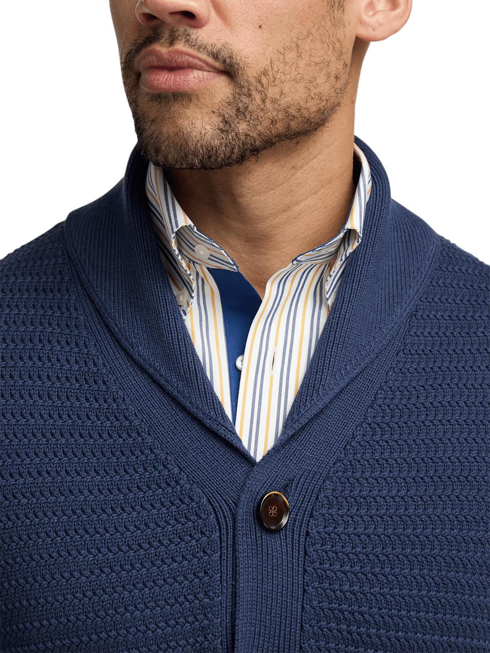 Cotton Button Front Shawl Collar Cardigan Sweater - Navy Product Image