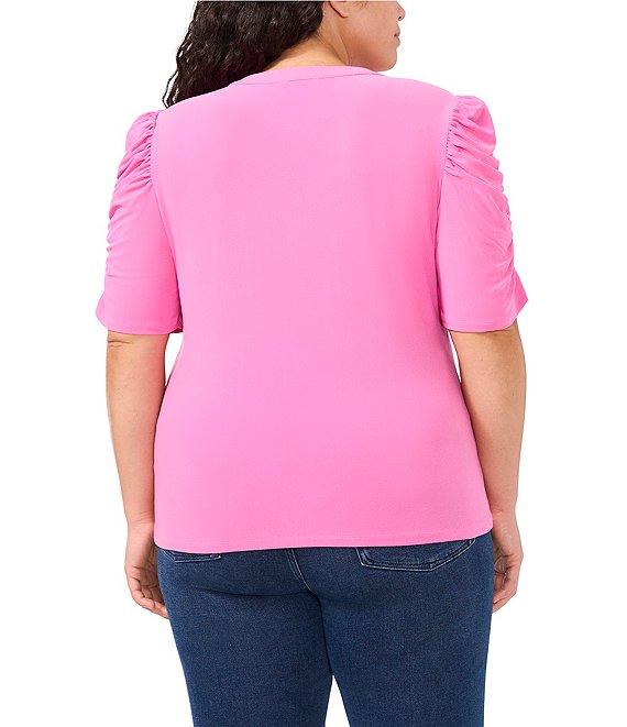 CeCe Plus Size Round Neck 3/4 Puff Sleeve Button Front Blouse Product Image