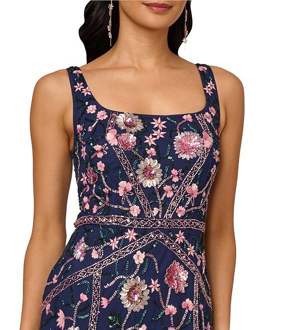 Adrianna Papell Beaded Mesh Floral Godet Gown Product Image