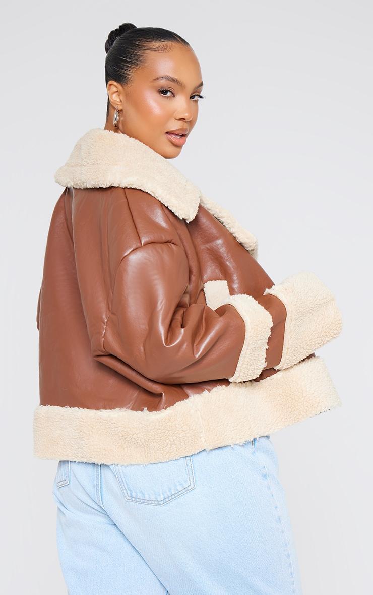 Plus Brown Battered Faux Leather Faux Fur Trim Coat Product Image