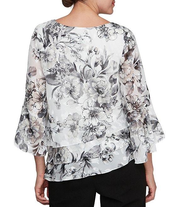 Alex Evenings Petite Size Illusion 3/4 Sleeve Boat Neck Asymmetrical Hem Triple Tier Chiffon Blouse Product Image
