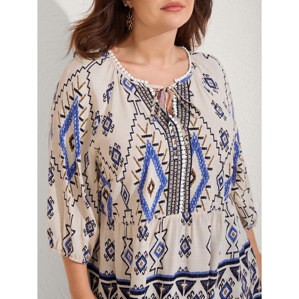 Plus Size Multicolor Boho Print Lace Detail Neck Tie Blouse Women Elbow-length sleeve Notched collar Vacation Blouses BloomChic 26/4X Product Image