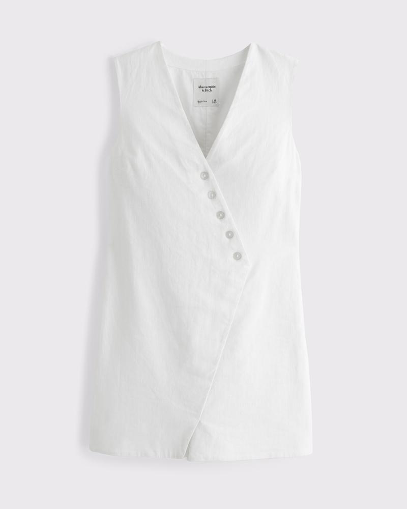 Linen-Blend V-Neck Button Mini Dress Product Image