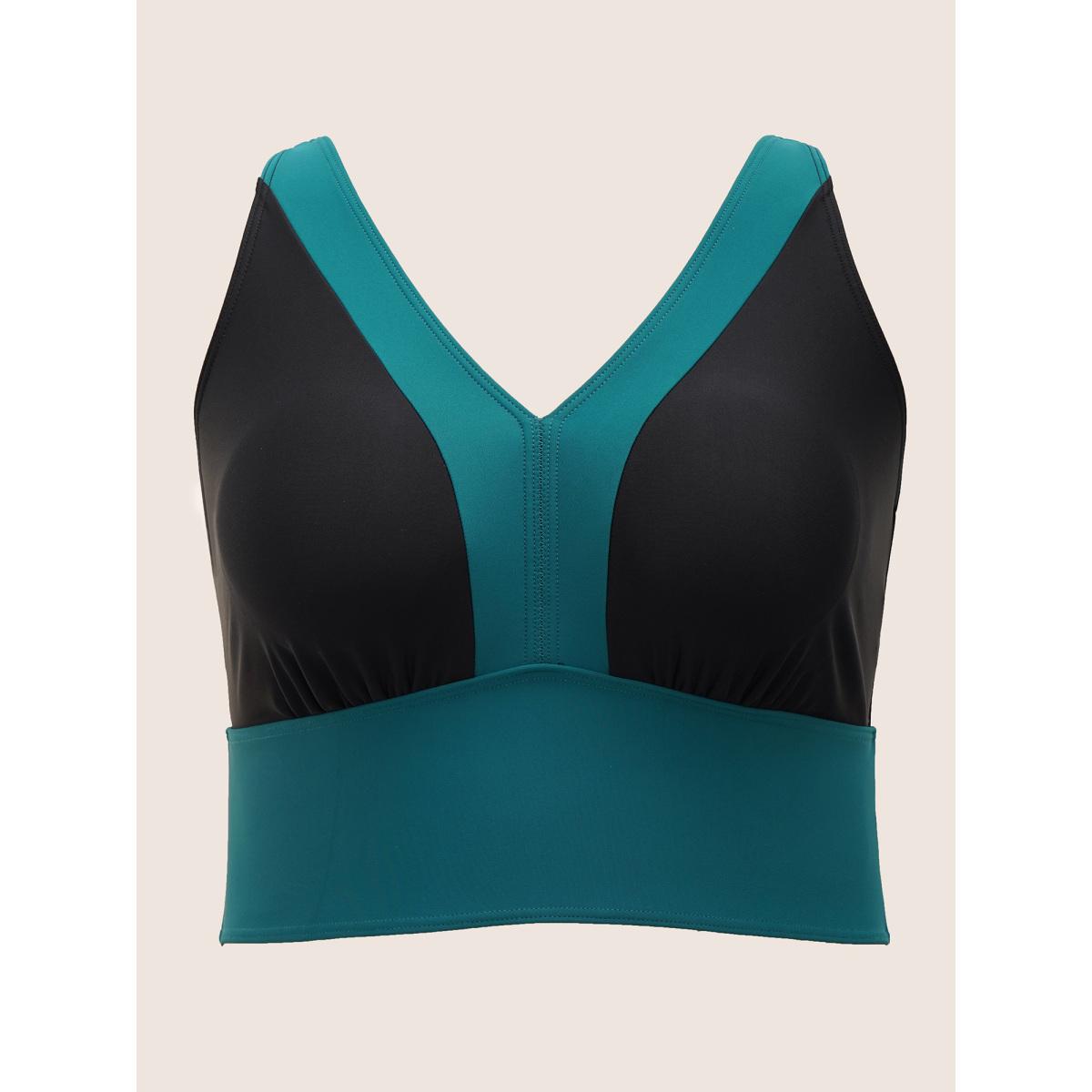 Plus Size Two Tone Gathered Adjustable Straps Swim Top Women's Swimwear Cyan Beach Contrast High stretch Skinny V-neck Curve Swim Tops BloomChic 30/6X Product Image