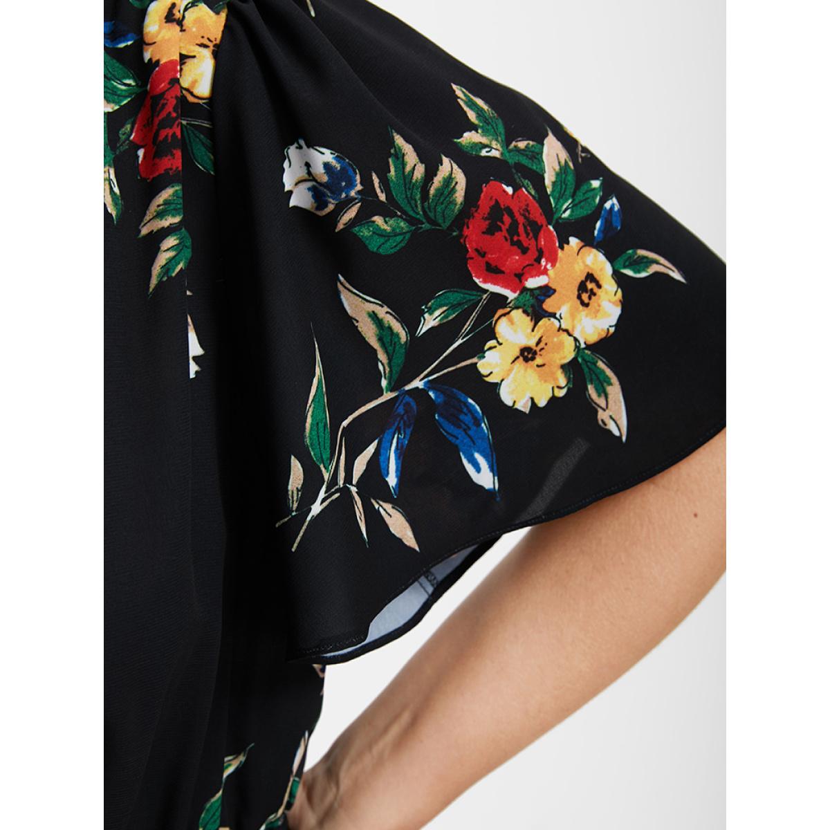 Plus Size Floral Ruffles Knot Wrap Midi Dress Black Women Elegant Ruffles V-neck Short sleeve Curvy Midi Dress BloomChic 16/1X Product Image