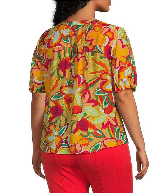 Slim Factor By Investments Plus Size Julia Gold Fusion Multi Paradise Floral Print V-Neck Short Sleeve Top Product Image