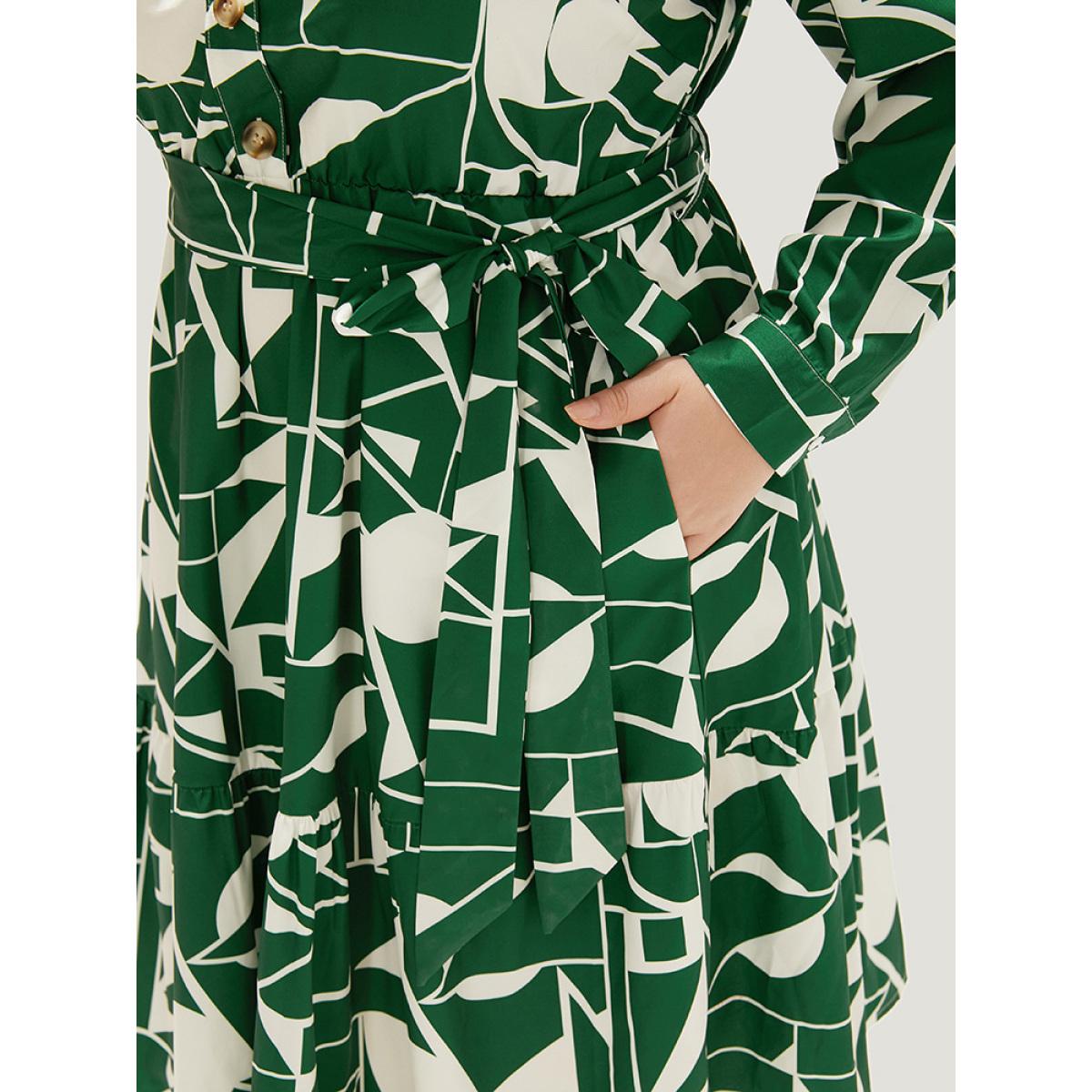Plus Size Geometric Shirt Collar Belted Pocket Flutter Dress Green Women Office Belted Shirt collar Long Sleeve Curvy Midi Dress BloomChic 14-16/1X Product Image