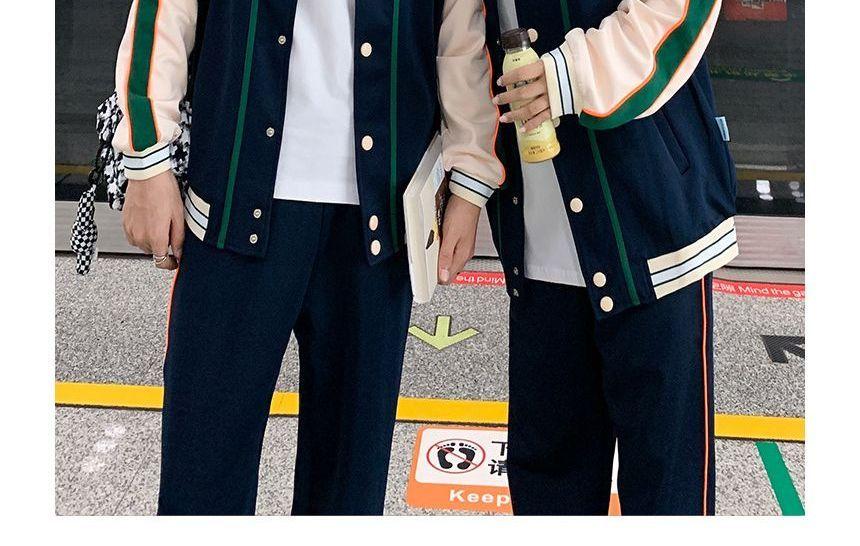 Couple Matching Crew Neck Striped Button Baseball Jacket / Harem Sweatpants / Short-Sleeve Striped Polo Shirt Product Image