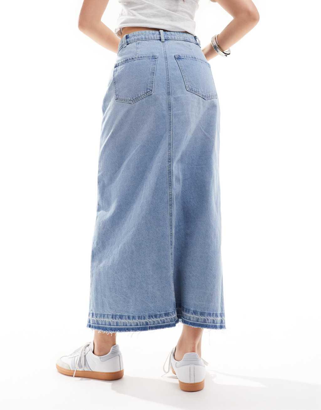 JDY split front denim maxi skirt in light wash blue Product Image