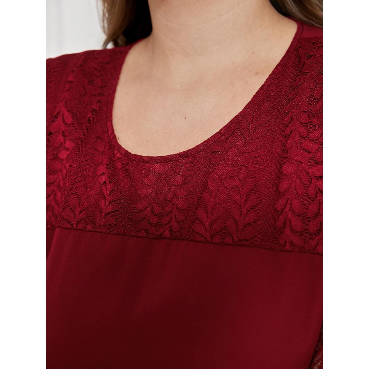 Plus Size Solid Lantern Sleeve Pocket Belted Contrast Lace Dress Burgundy Women Elegant Belted Round Neck Long Sleeve Curvy Midi Dress BloomChic 10/M Product Image