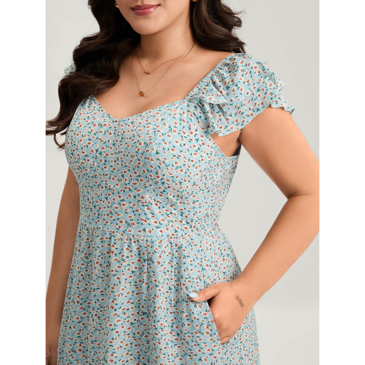 Plus Size Ditsy Floral Print Layered Ruffle Midi Dress Skyblue Women Slit Heart neckline Cap Sleeve Curvy BloomChic 18-20/2X Product Image