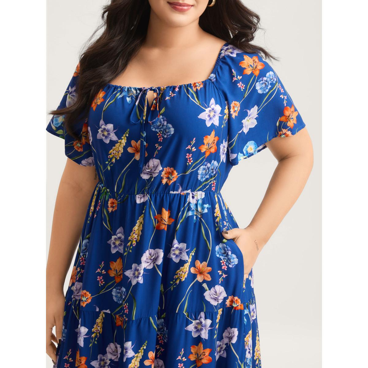 Plus Size Rayon Stretchy-Waist Floral Print Midi Dress Indigo Women Square Neck Short sleeve Curvy BloomChic 14-16/1X Product Image