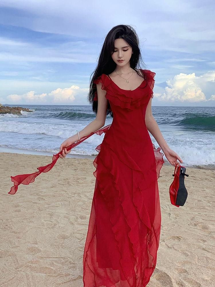 Sleeveless Scoop Neck Plain Ruffle Trim Slit Maxi Sheath Dress Product Image