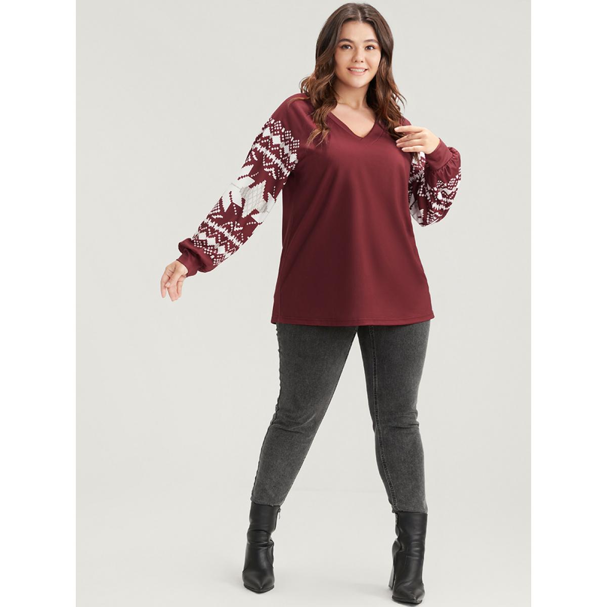 Plus Size Snowflake Print V Neck Drop Shoulder Sweatshirt Women Scarlet Casual Contrast V-neck Festival-Christmas Sweatshirts BloomChic 12/L Product Image