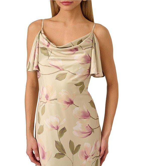 Adrianna by Adrianna Papell Satin Floral Print Cowl Neck Sleeveless Long Dress Product Image