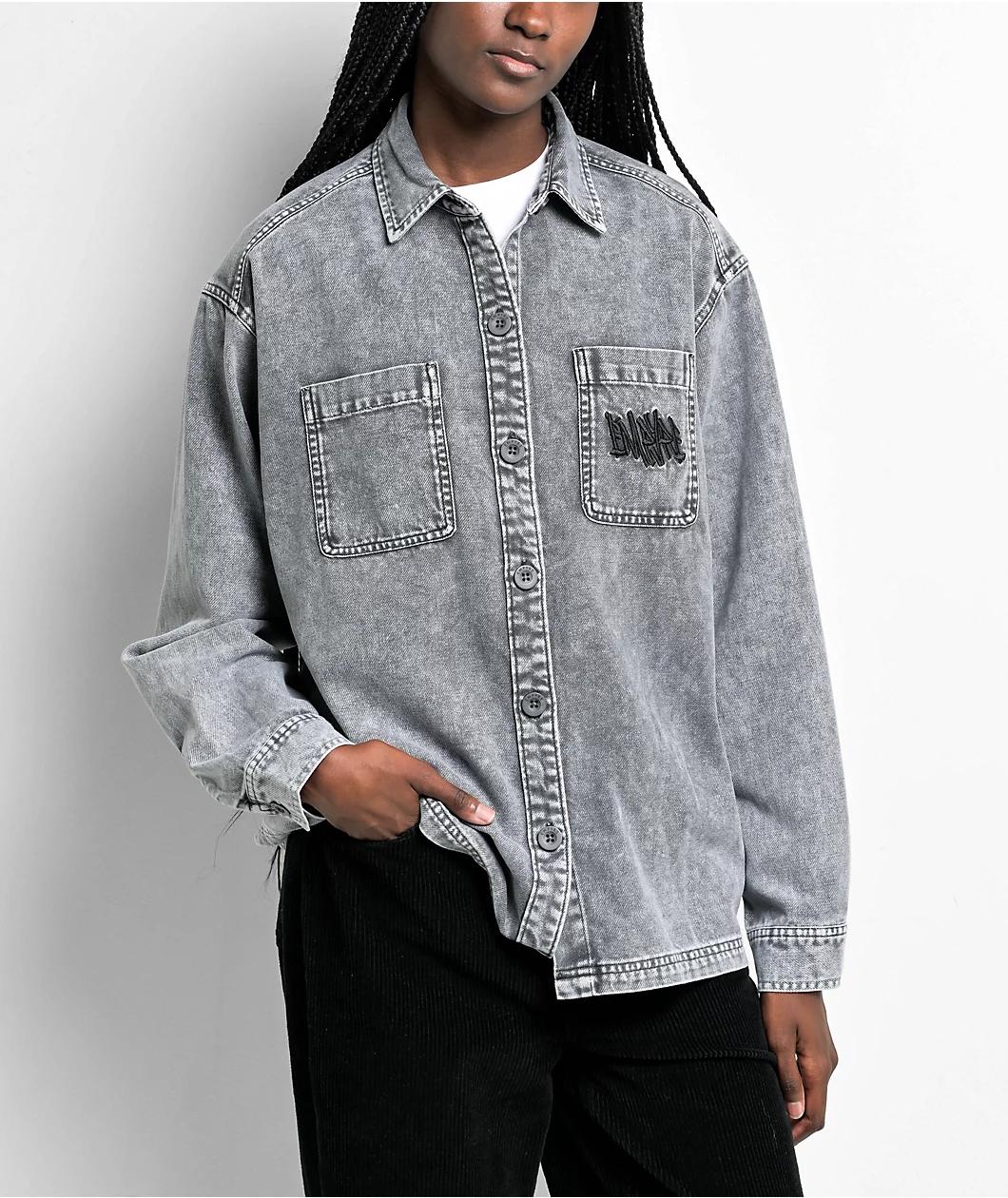 Empyre Akrin Grey Mineral Wash Long Sleeve Button Up Shirt Product Image