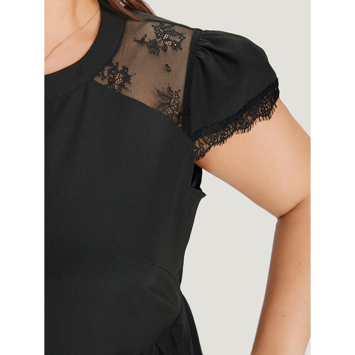 Plus Size Crochet Lace Keyhole Cap Sleeve Gathered Dress Black Women Elegant Round Neck Cap Sleeve Curvy Knee Dress BloomChic 22-24/3X Product Image