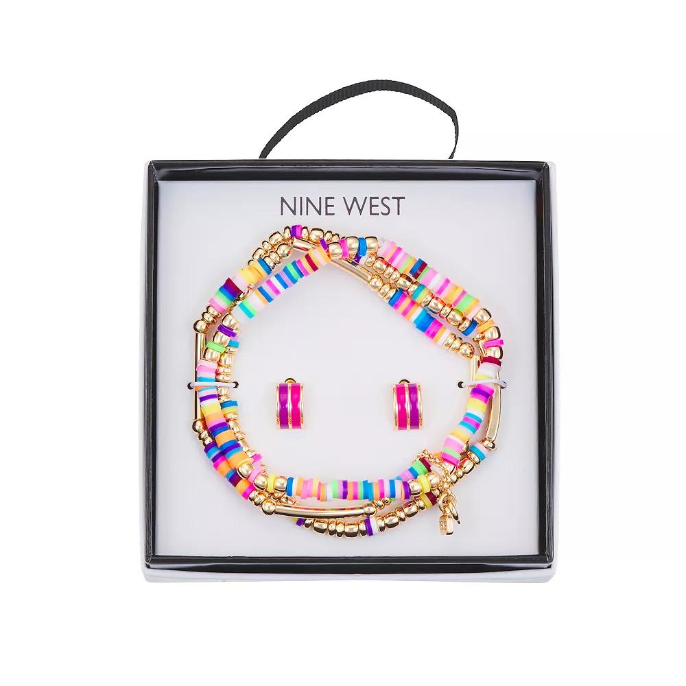 Nine West Gold Tone Colorful 3 Row Beaded Bracelet & Stud Earring Set, Women's, Multi Product Image
