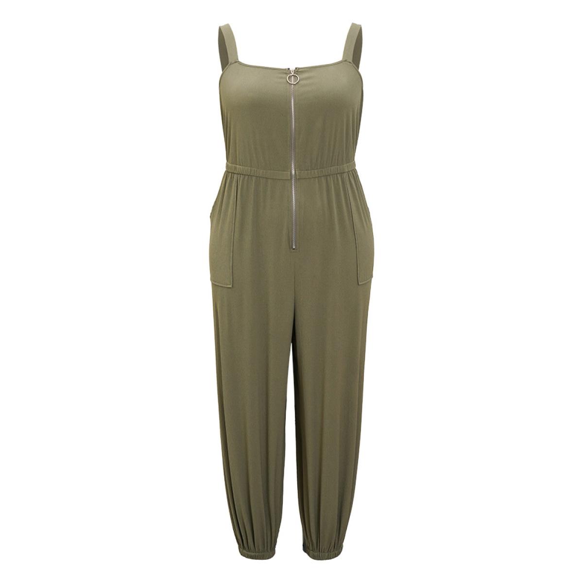 Plus Size ArmyGreen Solid Pocket Zip Up Cami Jumpsuit Women Casual Sleeveless Spaghetti Strap Dailywear Loose Jumpsuits BloomChic 18-20/2X Product Image
