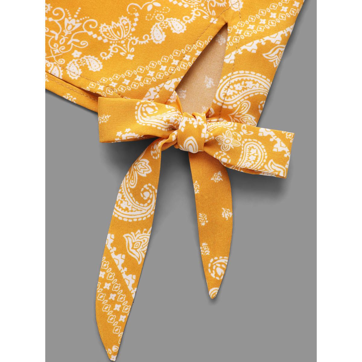 Plus Size Turmeric Round Neck Bandana Print Sleeve Tie Blouse Women Elegant Elbow-length sleeve Round Neck Everyday Blouses BloomChic 18-20/2X Product Image