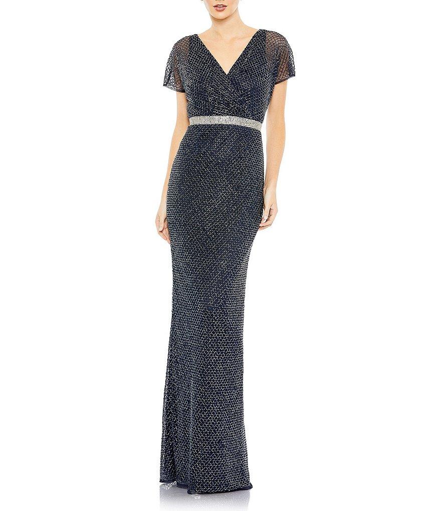 Mac Duggal Surplice V-neck Short Sleeve Beaded Column Gown Product Image