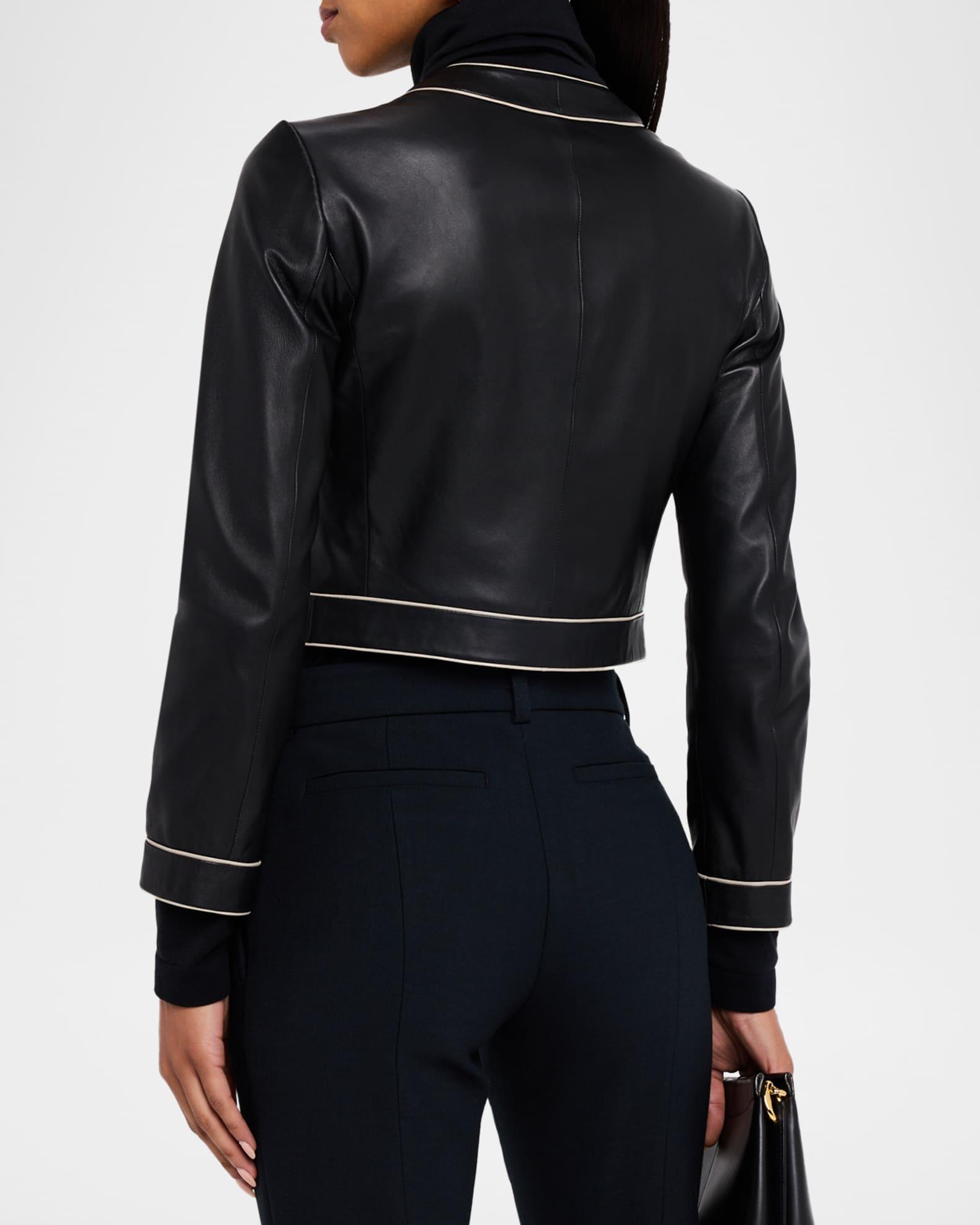 Cropped Contrast-Trim Leather Jacket Product Image