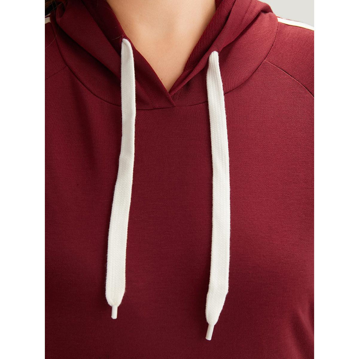 Plus Size Contrast Seam Detail Drawstring Pocket Hooded Raglan Sleeve Sweatshirt Women Red Casual Elastic cuffs Hooded Dailywear Sweatshirts BloomChic 12/L Product Image