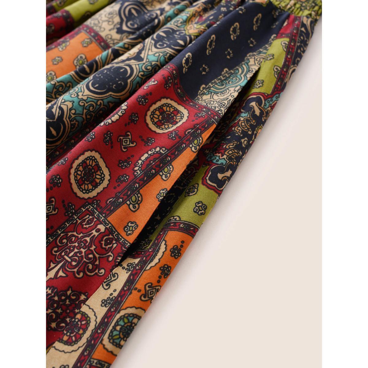 Plus Size Moroccan Print Shirred Elastic Waist Wrap Dress DarkBlue Women Resort Non Overlap Collar Elbow-length sleeve Curvy Midi Dress BloomChic 14-16/1X Product Image