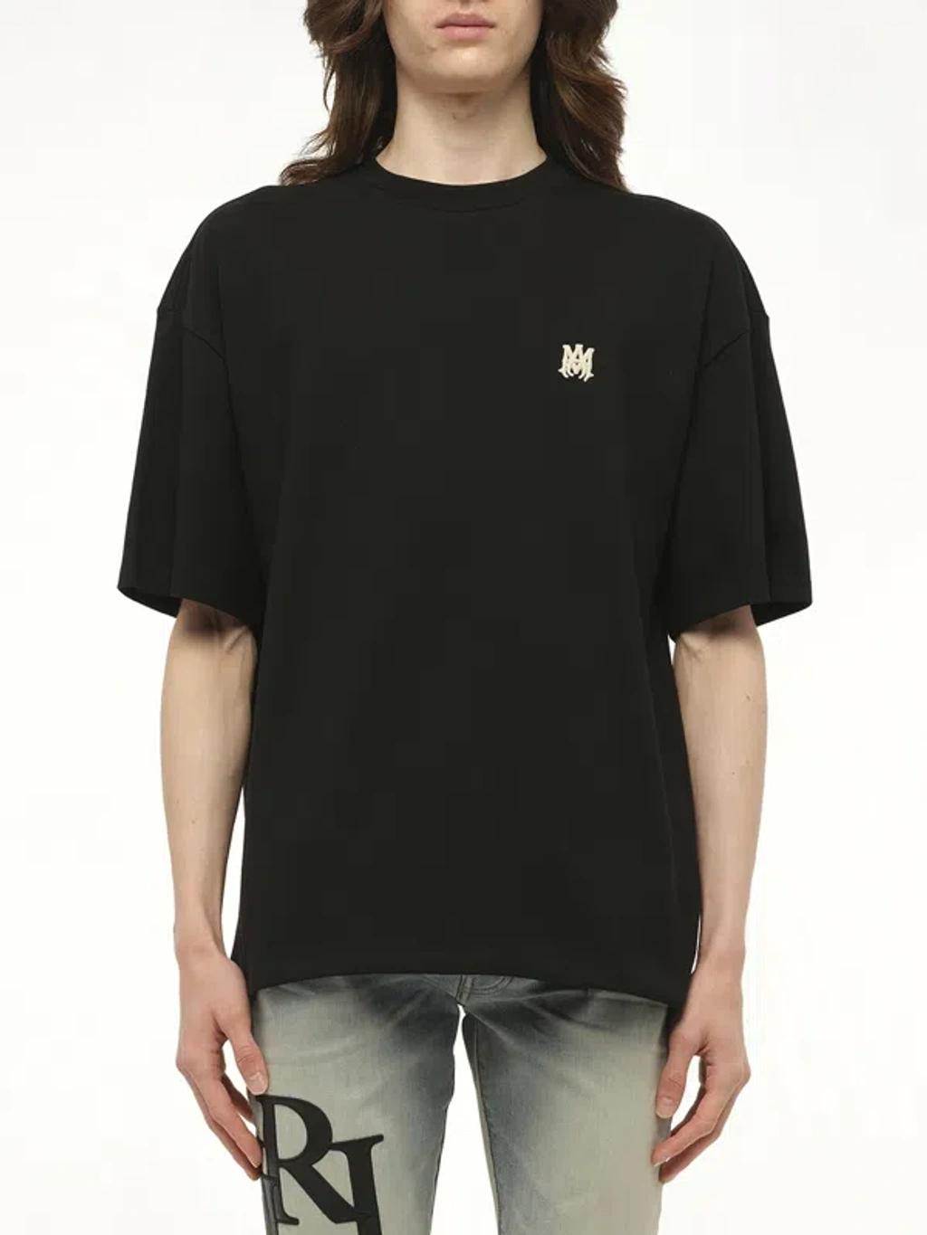 AMIRI Black Crewneck T-shirt With Logo Embroidery On The Front In Cotton Man Product Image