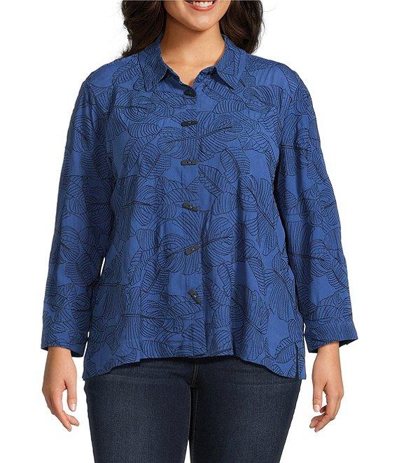 Ali Miles Plus Size Woven Allover Floral Embroidered Point Collar Long Sleeve Button Front Tunic Product Image