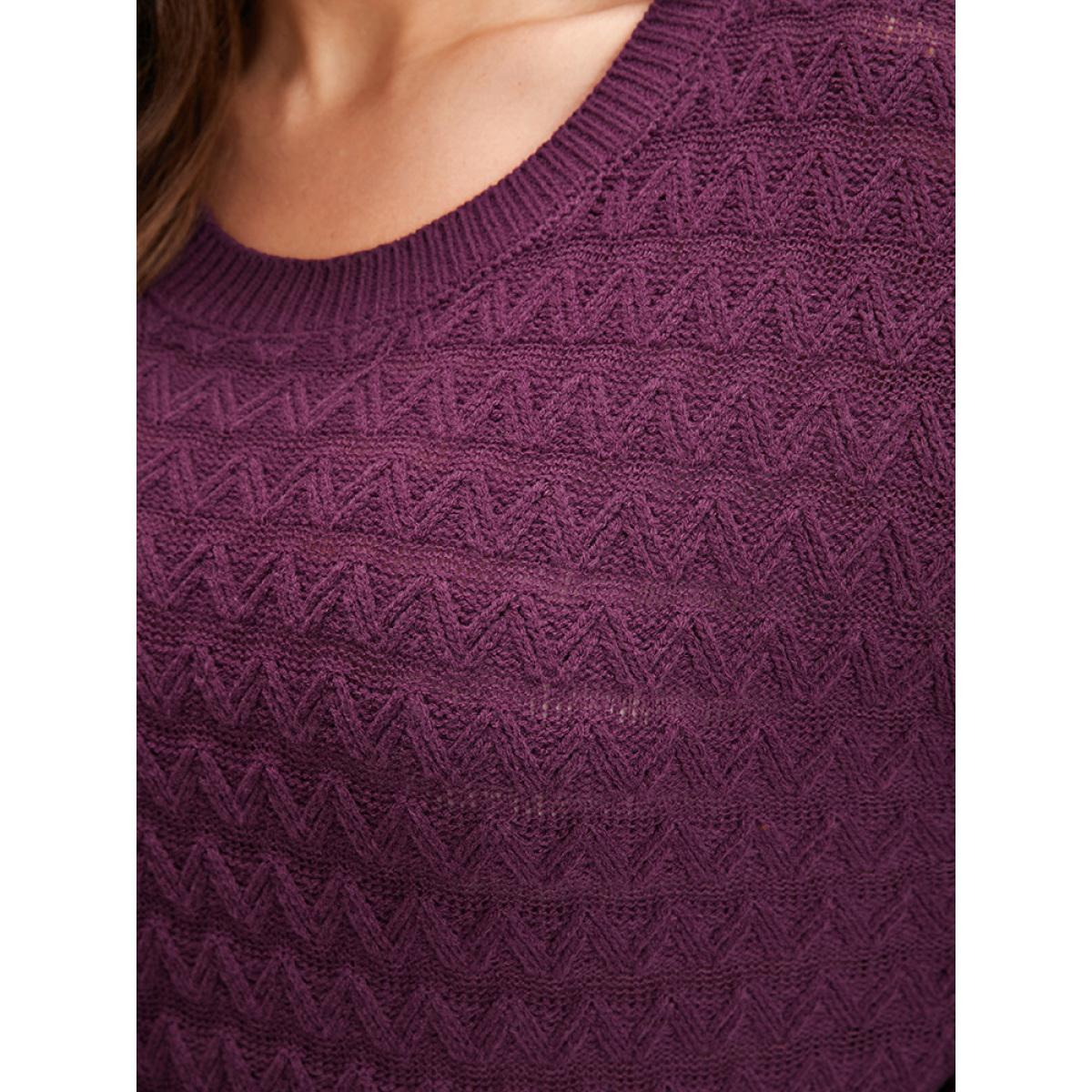 Plus Size Solid Geometric Pointelle Knit Round Neck Knit Top Eggplant Women Elegant Loose Long Sleeve Dailywear Pullovers BloomChic 30/6X Product Image