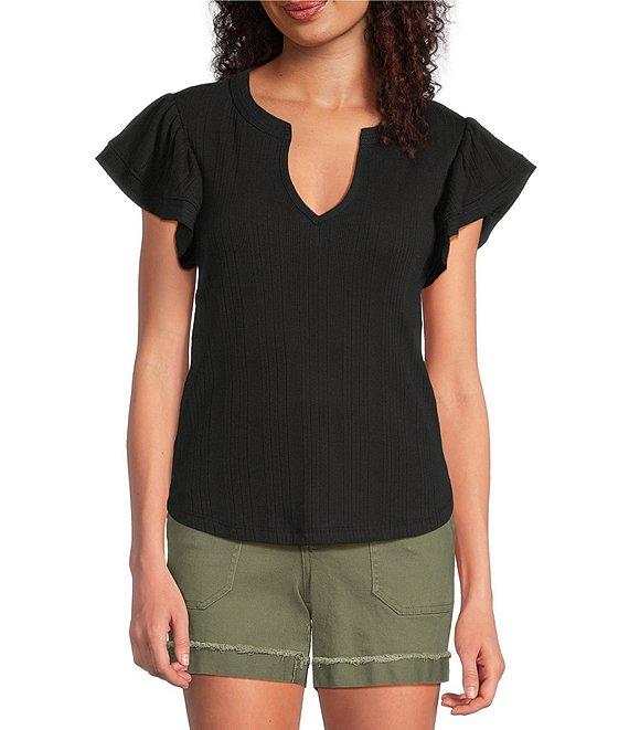 Democracy Mix-Media Split V-Neck Cap Sleeve Shirttail Hem Knit Top Product Image
