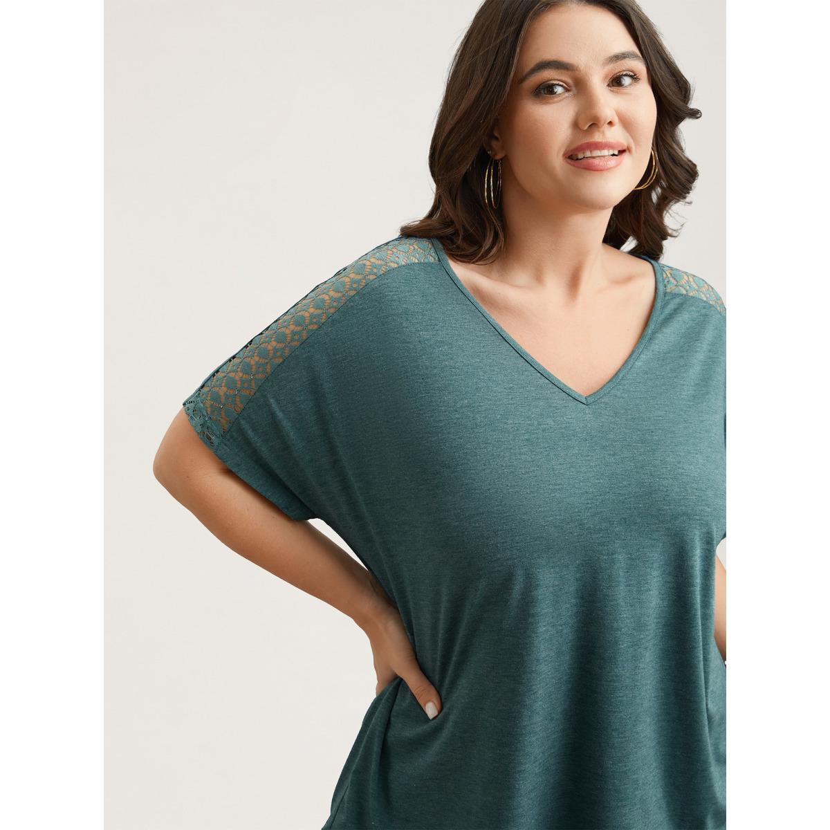 Plus Size Lace Sleeve V-Neck T-Shirt Cyan Women Casual See through V-neck Everyday T-shirts BloomChic 22-24/3X Product Image