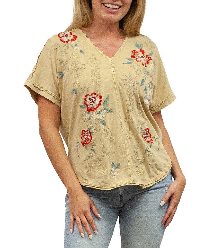 Karyn Seo Tessa Floral Embroidered Button V-Neck Dolman Short Sleeve Tee Product Image
