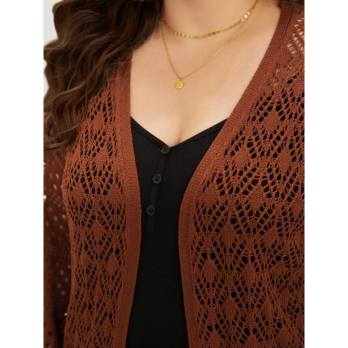 Plus Size Plain Hollow Out Split Side Maxi Cardigan Maroon Women Casual Loose Long Sleeve Dailywear Cardigans BloomChic 10/M Product Image