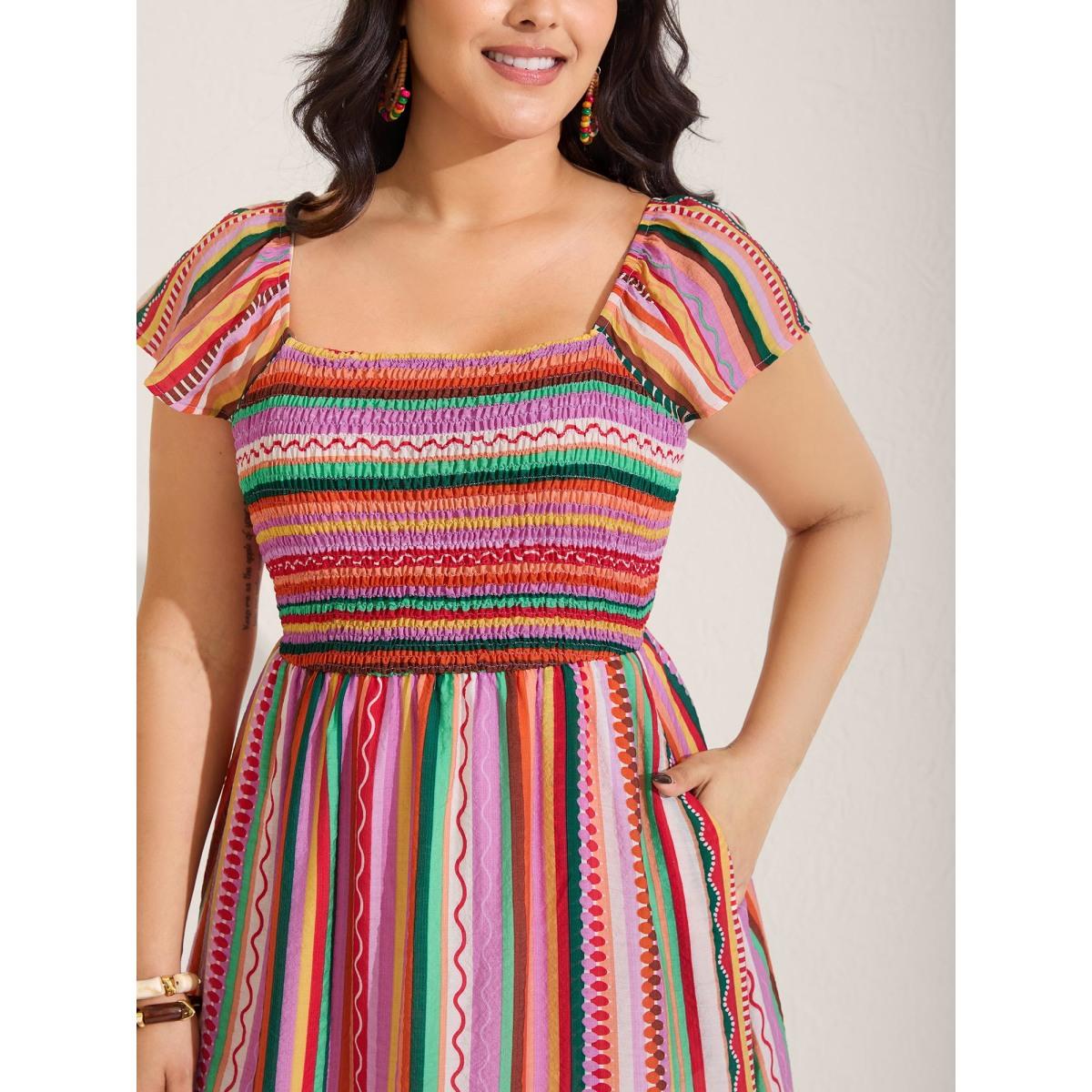Plus Size Colorful Stripe Flutter Sleeve Pockets Midi Dress Multicolor Women Playful Square Neck Cap Sleeve Curvy BloomChic 10/M Product Image