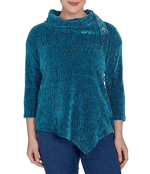 Ruby Rd. Knit Faux Fois Bois Print Split Cowl Neck 3/4 Sleeve Asymmetric Hem Sweater Product Image