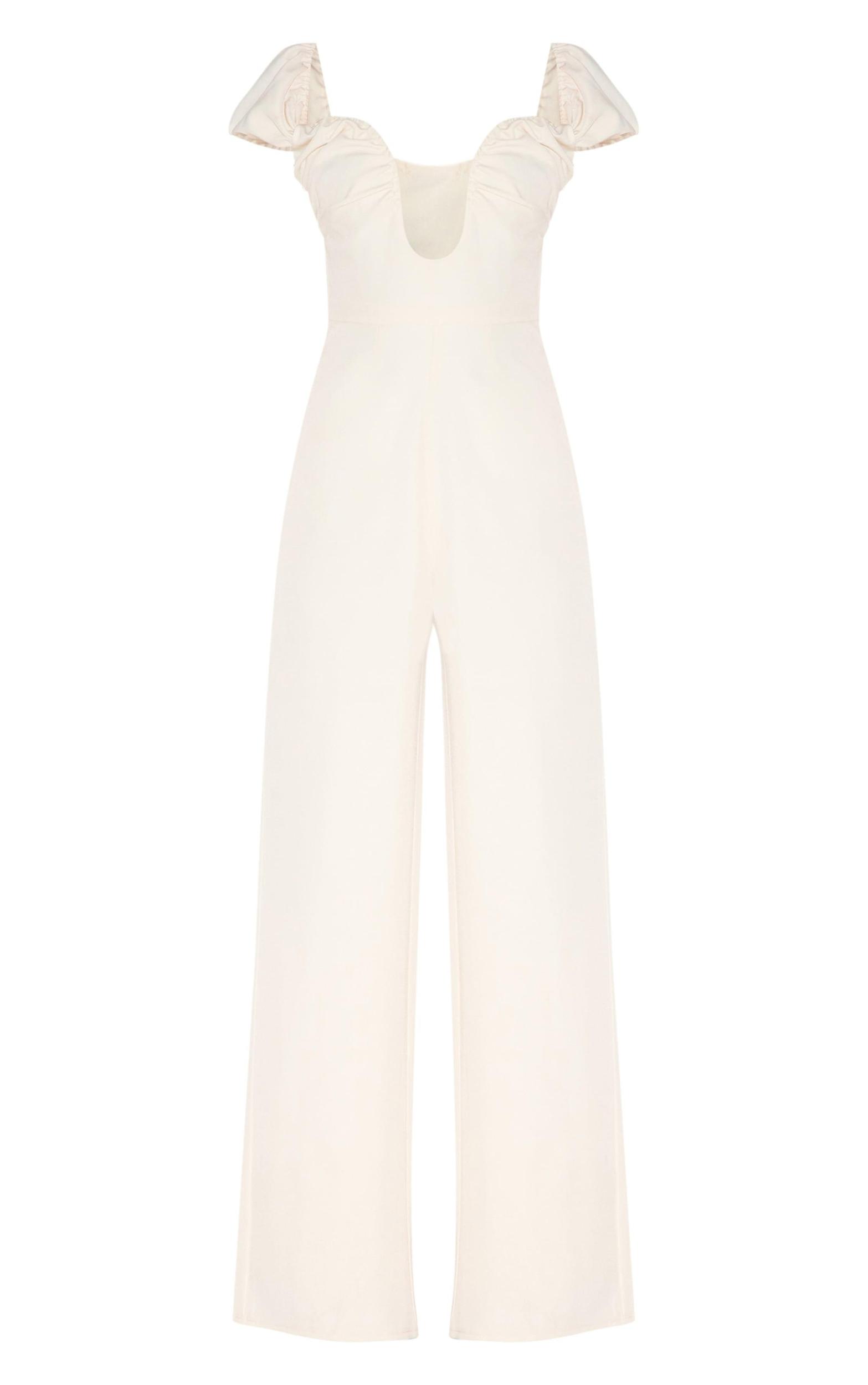 Cream Woven Plunge Straight Leg Jumpsuit Product Image